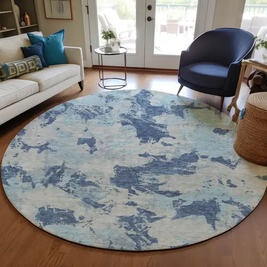 8' Navy Blue Gray And Aqua Round Floral Washable Indoor Outdoor Area Rug Photo 7