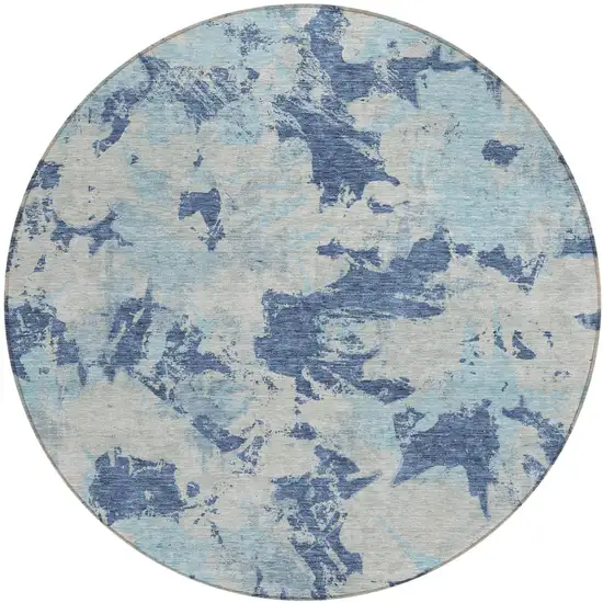 8' Navy Blue Gray And Aqua Round Floral Washable Indoor Outdoor Area Rug Photo 2