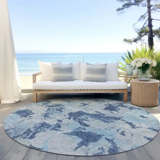 8' Navy Blue Gray And Aqua Round Floral Washable Indoor Outdoor Area Rug Photo 6