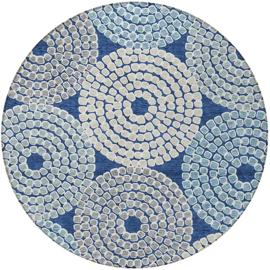 8' Navy Blue Gray And Aqua Round Geometric Washable Indoor Outdoor Area Rug Photo 5