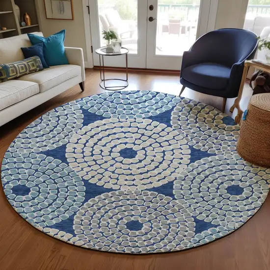 8' Navy Blue Gray And Aqua Round Geometric Washable Indoor Outdoor Area Rug Photo 7