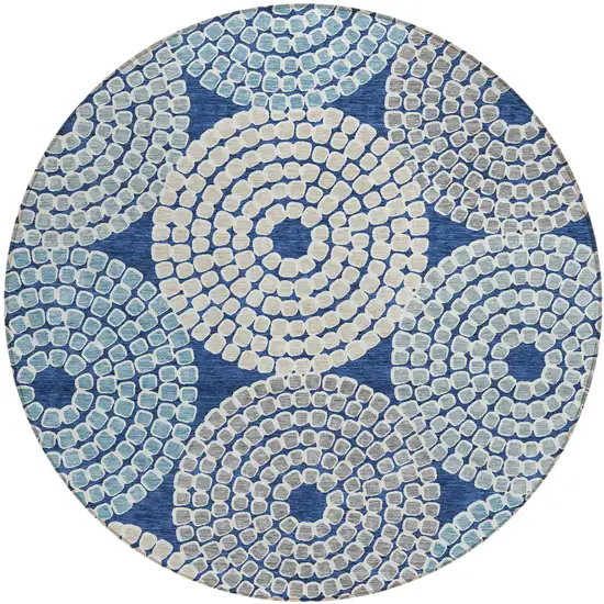 8' Navy Blue Gray And Aqua Round Geometric Washable Indoor Outdoor Area Rug Photo 2