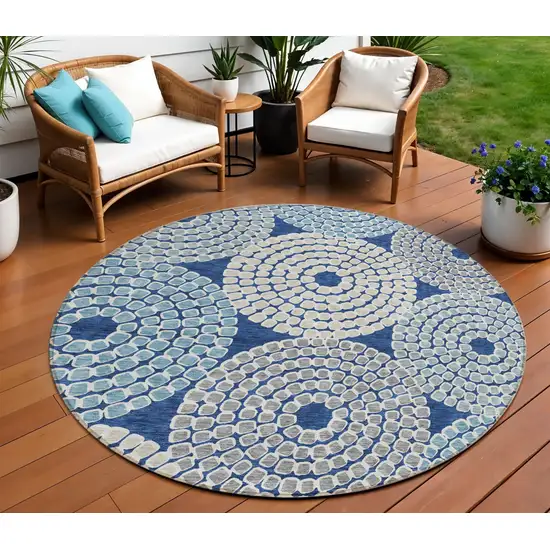 8' Navy Blue Gray And Aqua Round Geometric Washable Indoor Outdoor Area Rug Photo 1