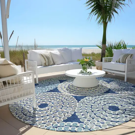 8' Navy Blue Gray And Aqua Round Geometric Washable Indoor Outdoor Area Rug Photo 6