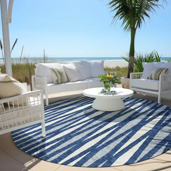 8' Navy Blue Gray And Ivory Round Geometric Washable Indoor Outdoor Area Rug Photo 6