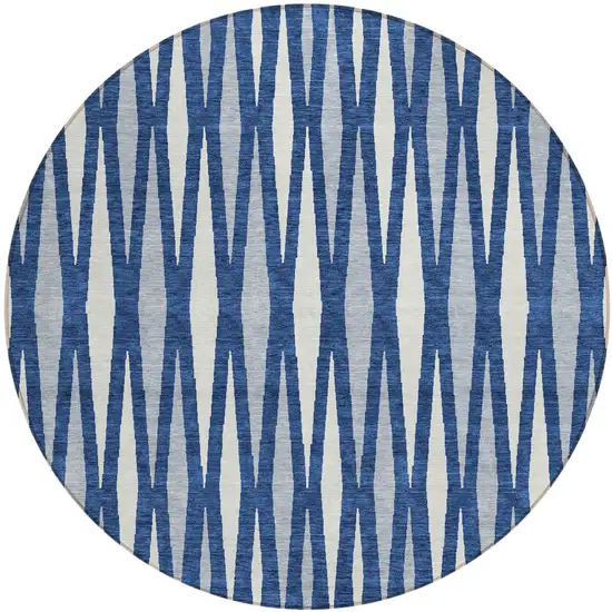 8' Navy Blue Gray And Ivory Round Geometric Washable Indoor Outdoor Area Rug Photo 2