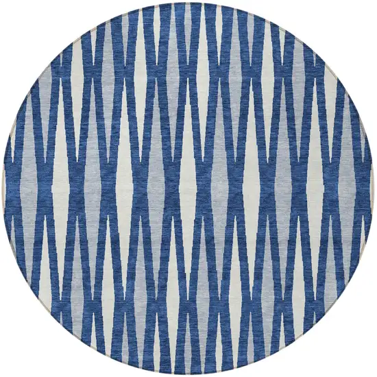 8' Navy Blue Gray And Ivory Round Geometric Washable Indoor Outdoor Area Rug Photo 5