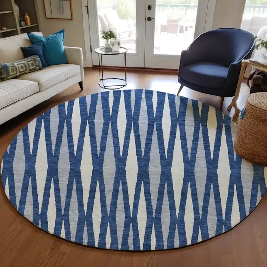 8' Navy Blue Gray And Ivory Round Geometric Washable Indoor Outdoor Area Rug Photo 7