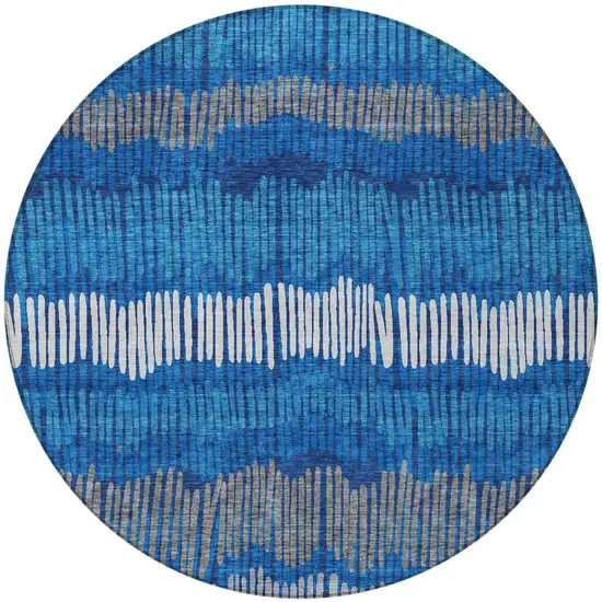 8' Navy Blue Gray And Ivory Round Striped Washable Indoor Outdoor Area Rug Photo 6