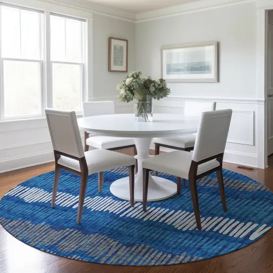 8' Navy Blue Gray And Ivory Round Striped Washable Indoor Outdoor Area Rug Photo 8