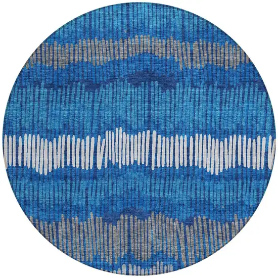 8' Navy Blue Gray And Ivory Round Striped Washable Indoor Outdoor Area Rug Photo 5