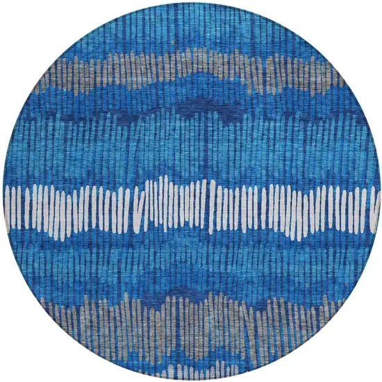 8' Navy Blue Gray And Ivory Round Striped Washable Indoor Outdoor Area Rug Photo 2
