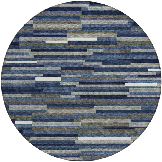 8' Navy Blue Gray And Ivory Round Striped Washable Indoor Outdoor Area Rug Photo 2