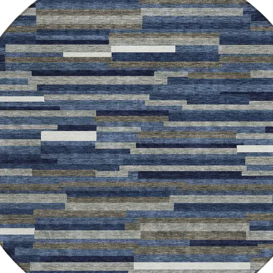 8' Navy Blue Gray And Ivory Round Striped Washable Indoor Outdoor Area Rug Photo 5
