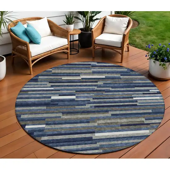 8' Navy Blue Gray And Ivory Round Striped Washable Indoor Outdoor Area Rug Photo 1
