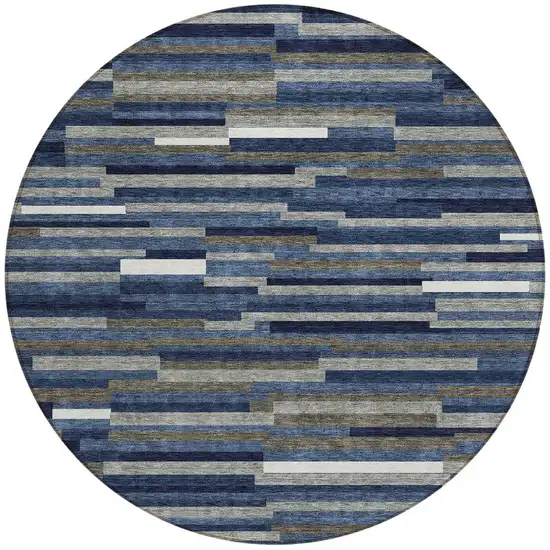 8' Navy Blue Gray And Ivory Round Striped Washable Indoor Outdoor Area Rug Photo 6