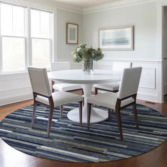 8' Navy Blue Gray And Ivory Round Striped Washable Indoor Outdoor Area Rug Photo 8