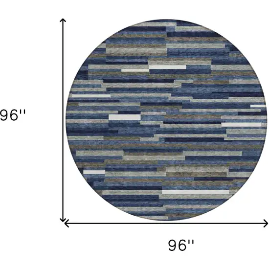 8' Navy Blue Gray And Ivory Round Striped Washable Indoor Outdoor Area Rug Photo 3