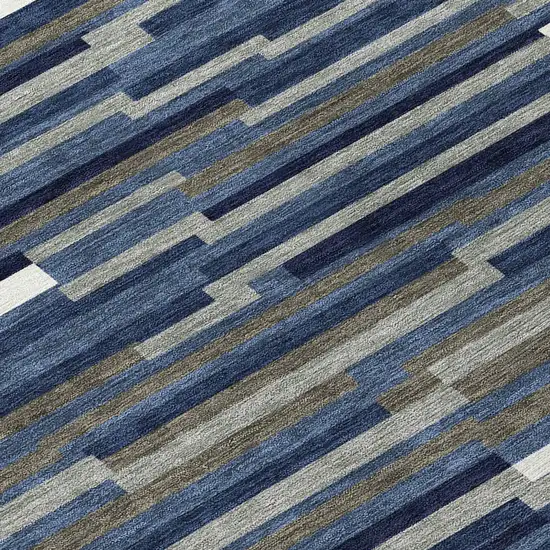 8' Navy Blue Gray And Ivory Round Striped Washable Indoor Outdoor Area Rug Photo 4