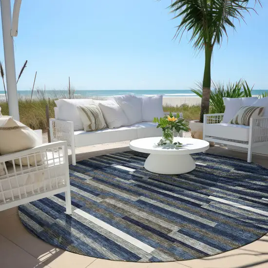 8' Navy Blue Gray And Ivory Round Striped Washable Indoor Outdoor Area Rug Photo 7