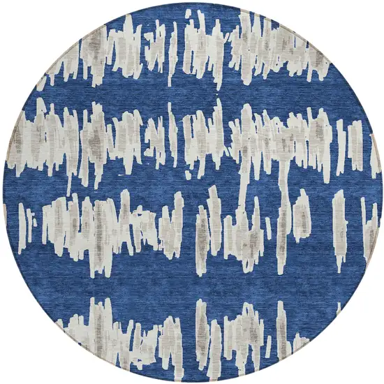 8' Navy Blue Gray And Ivory Round Striped Washable Indoor Outdoor Area Rug Photo 2