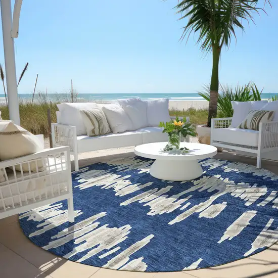 8' Navy Blue Gray And Ivory Round Striped Washable Indoor Outdoor Area Rug Photo 7