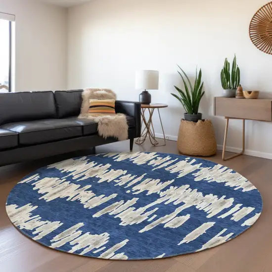 8' Navy Blue Gray And Ivory Round Striped Washable Indoor Outdoor Area Rug Photo 8