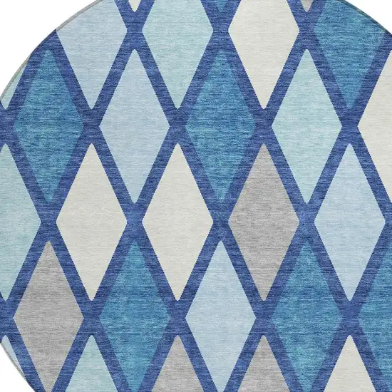 8' Navy Blue Sky Blue And Ivory Round Geometric Washable Indoor Outdoor Area Rug Photo 4