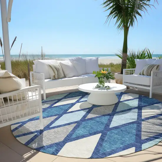 8' Navy Blue Sky Blue And Ivory Round Geometric Washable Indoor Outdoor Area Rug Photo 6