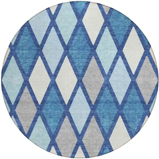 8' Navy Blue Sky Blue And Ivory Round Geometric Washable Indoor Outdoor Area Rug Photo 2