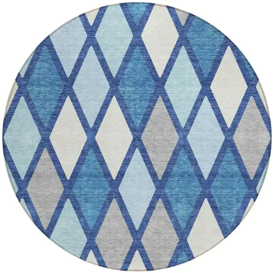 8' Navy Blue Sky Blue And Ivory Round Geometric Washable Indoor Outdoor Area Rug Photo 5
