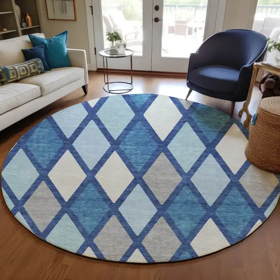 8' Navy Blue Sky Blue And Ivory Round Geometric Washable Indoor Outdoor Area Rug Photo 7