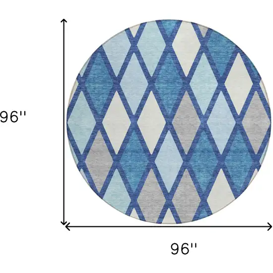 8' Navy Blue Sky Blue And Ivory Round Geometric Washable Indoor Outdoor Area Rug Photo 3