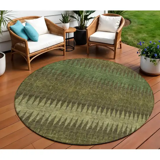 8' Olive Green And Dark Green Round Striped Washable Indoor Outdoor Area Rug Photo 1