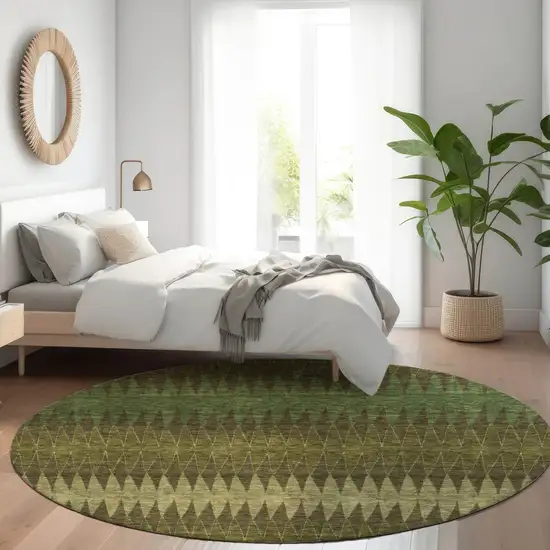 8' Olive Green And Dark Green Round Striped Washable Indoor Outdoor Area Rug Photo 7