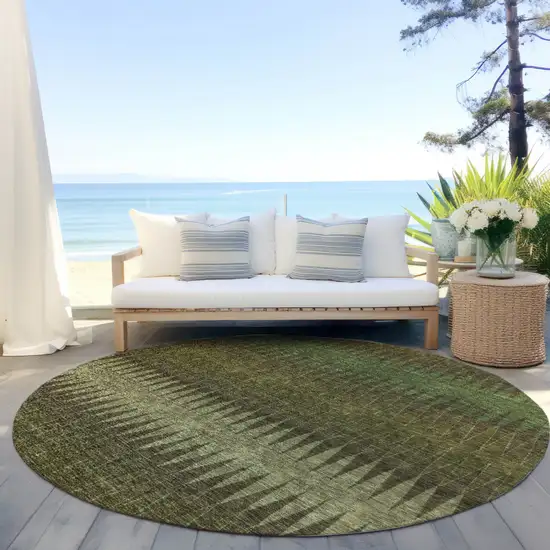 8' Olive Green And Dark Green Round Striped Washable Indoor Outdoor Area Rug Photo 6