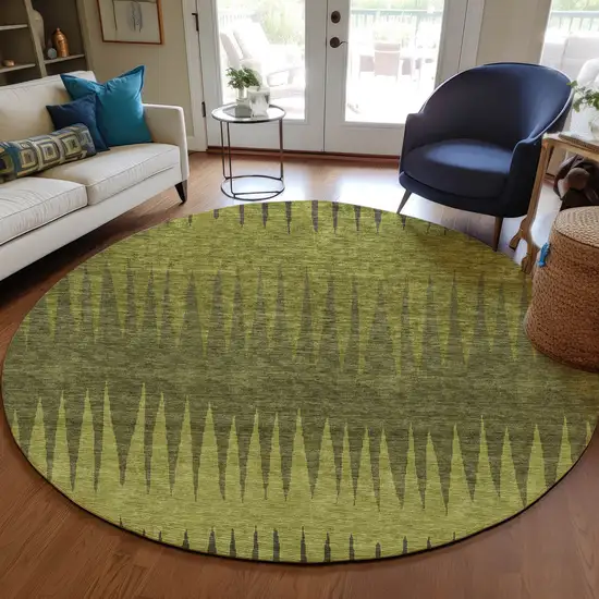 8' Olive Green And Dark Green Round Striped Washable Indoor Outdoor Area Rug Photo 7