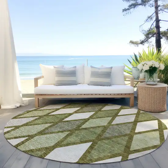 8' Olive Green And Gray Round Geometric Washable Indoor Outdoor Area Rug Photo 6