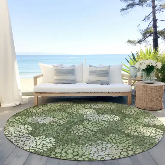 8' Olive Green And Gray Round Polka Dot Washable Indoor Outdoor Area Rug Photo 7