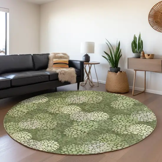 8' Olive Green And Gray Round Polka Dot Washable Indoor Outdoor Area Rug Photo 8