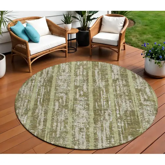 8' Olive Green Dark Green And Beige Round Striped Washable Indoor Outdoor Area Rug Photo 1