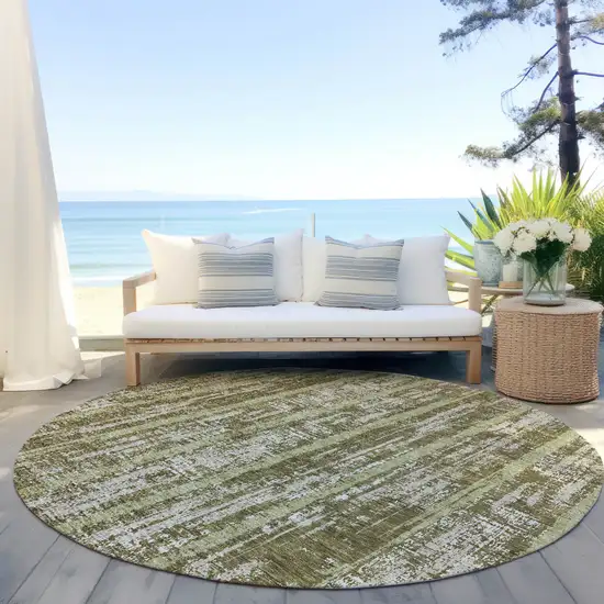 8' Olive Green Dark Green And Beige Round Striped Washable Indoor Outdoor Area Rug Photo 6