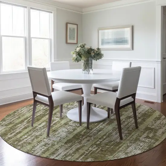 8' Olive Green Dark Green And Beige Round Striped Washable Indoor Outdoor Area Rug Photo 7