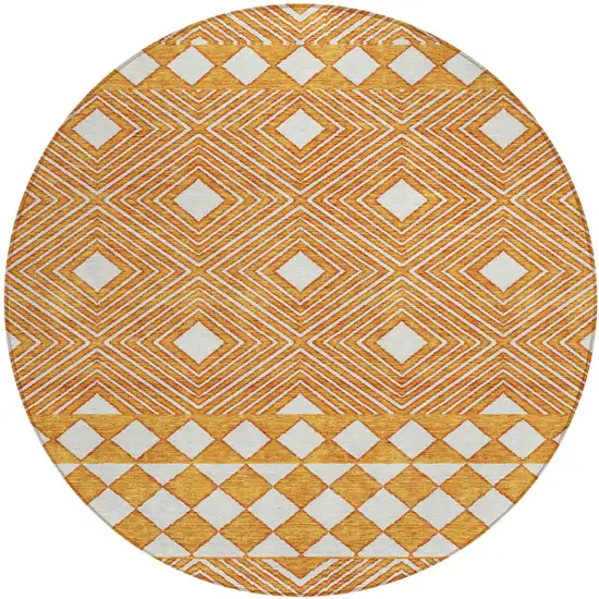 8' Orange And Ivory Round Geometric Washable Indoor Outdoor Area Rug Photo 2