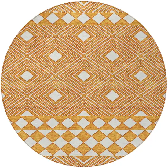 8' Orange And Ivory Round Geometric Washable Indoor Outdoor Area Rug Photo 6