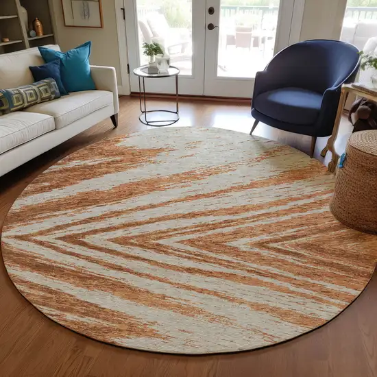 8' Orange Brown And Beige Round Abstract Washable Indoor Outdoor Area Rug Photo 7