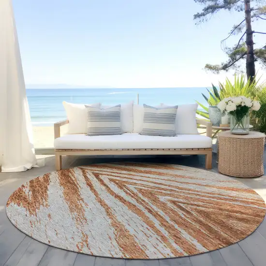 8' Orange Brown And Beige Round Abstract Washable Indoor Outdoor Area Rug Photo 6