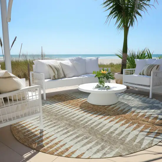 8' Orange Gray And Beige Round Striped Washable Indoor Outdoor Area Rug Photo 7