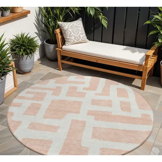 8' Peach And Gray Round Abstract Washable Indoor Outdoor Area Rug Photo 1