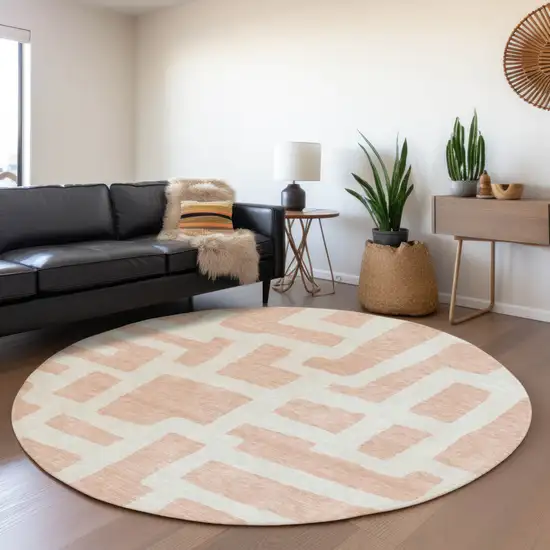 8' Peach And Gray Round Abstract Washable Indoor Outdoor Area Rug Photo 7